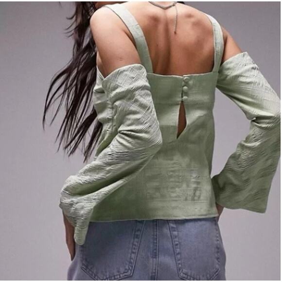 New TOPSHOP Green Plaid Long Sleeve Cold Shoulder Blouse Top Size 4 - Picture 2 of 7